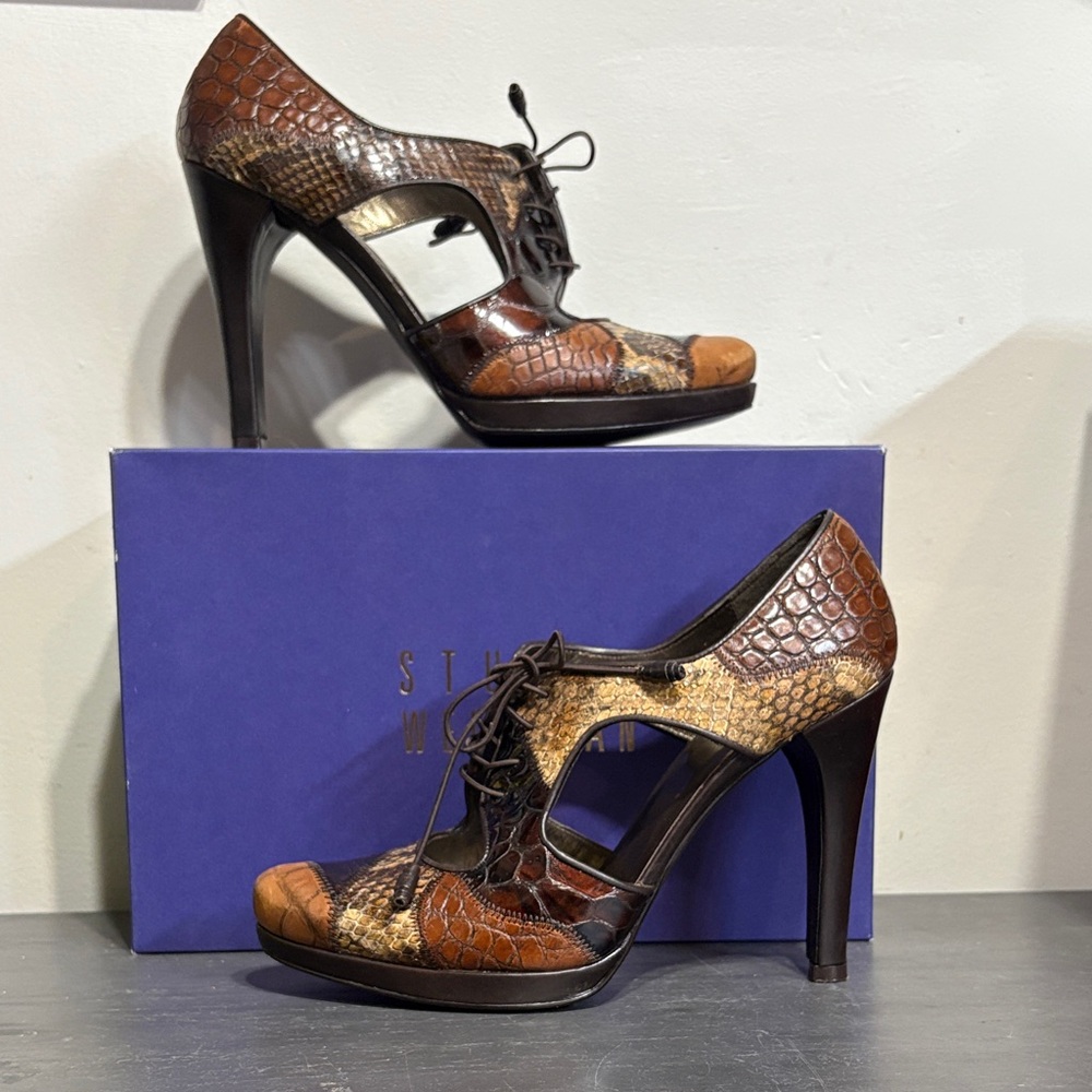 Stuart Weitzman Stylish Brown and Tan Snakeskin High Heels s8